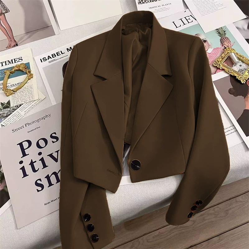 Chaqueta blanca corta para mujer 2026, blazer elegante para mujeres pequeñas, atuendo de primavera y otoño, chaqueta estilo diosa de oficina, traje de mujer. Marrón imagen 1