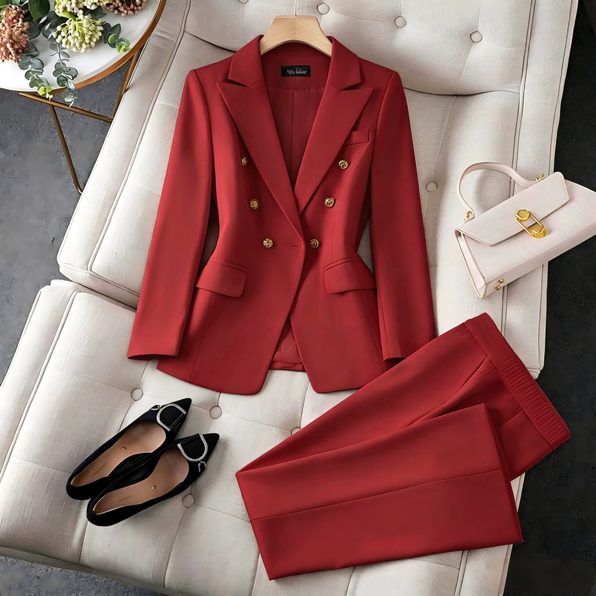 Blazer rojo de primavera 2026 para mujer, nuevo conjunto de traje de moda pequeño y elegante para ir al trabajo - Transfronterizo Traje burdeos, conjunto. imagen 1