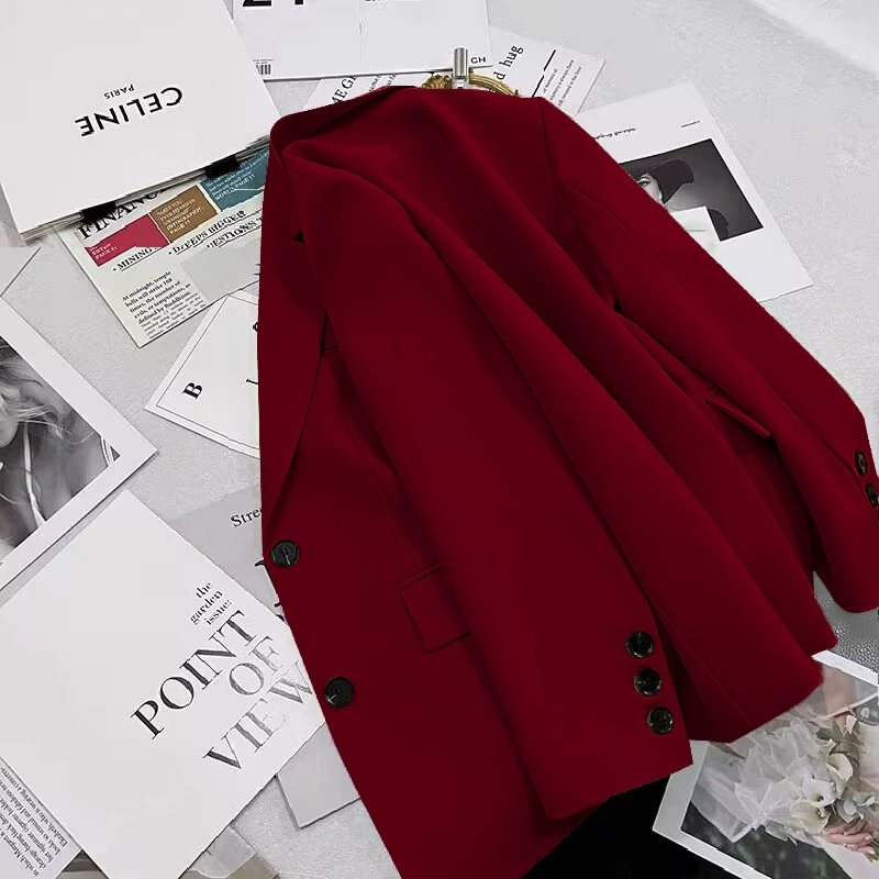 Blazer negro para mujer, primavera y otoño 2026, nuevo estilo casual, elegante, a la moda, chaqueta de traje para tallas pequeñas Vino rojo imagen 1