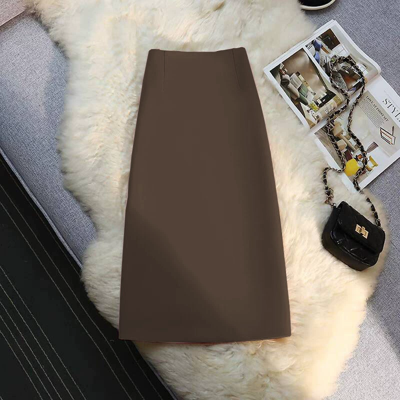 Falda de traje para mujer, falda recta de largo medio, drapeada, verano 2026, estilo ropa de trabajo para chicas pequeñas, falda con abertura en la cadera. Marrón imagen 1