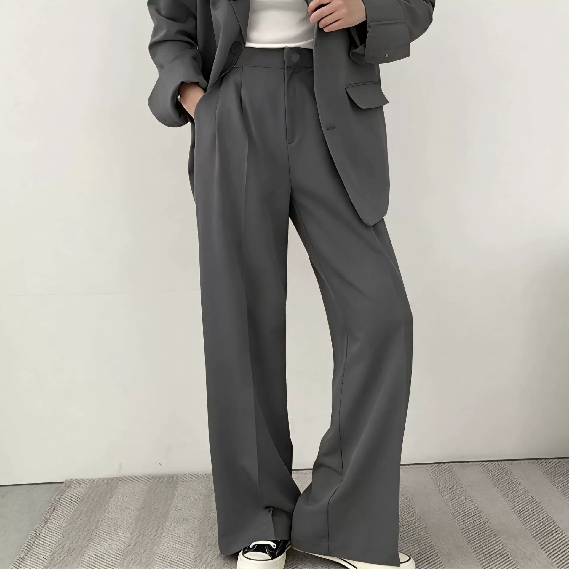 Pantalones negros para mujer, estilo coreano, moda urbana, conjunto de blazer rosa informal único para ir al trabajo, primavera y otoño 2026 Gris oscuro (pantalones) imagen 1