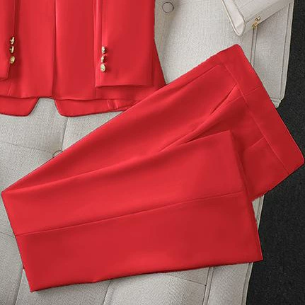 Conjunto profesional de blazer y pantalón para mujer - Traje de dos piezas premium, nueva colección Otoño 2026, chaqueta blazer slim fit para uso business casual. pantalones rojos imagen 1