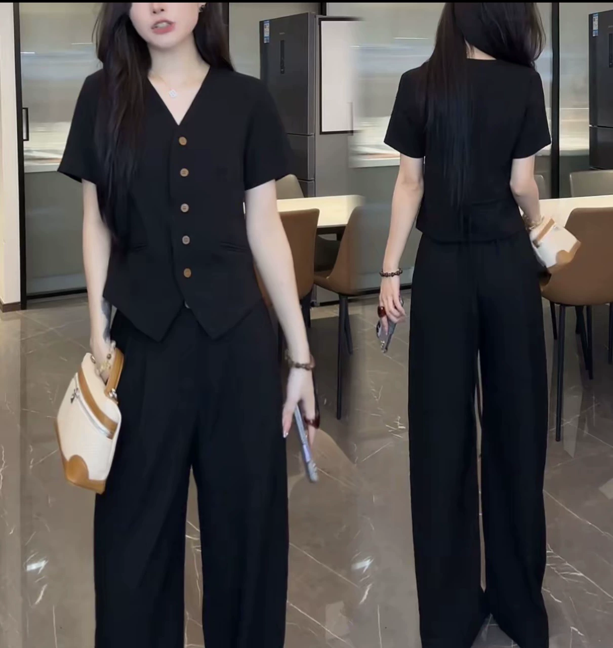 Traje de lino y algodón Tencel estilo "old money" para mujer, nueva moda de verano 2026. Elegante, estilo urbano, popular, de pierna ancha, conjunto de dos piezas para mujer. negro imagen 1