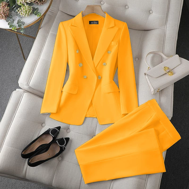 Blazer rojo de primavera 2026 para mujer, nuevo conjunto de traje de moda pequeño y elegante para ir al trabajo - Transfronterizo Traje amarillo dorado Un conjunto imagen 1