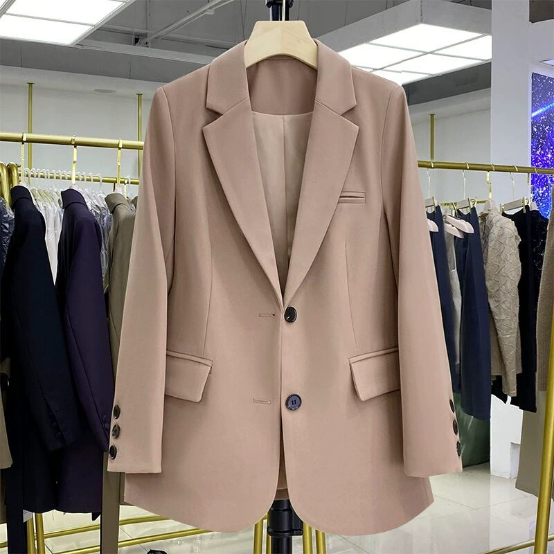 Blazer negro para mujer, diseño casual holgado de estilo coreano para otoño 2026, blazer elegante y con estilo para ir al trabajo. Caqui imagen 1