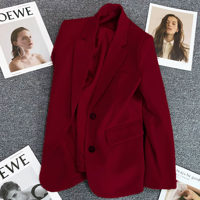 Blazer Rojo para Mujer, Temporada Primavera-Otoño 2026, Estilo Casual Holgado, Elegante, para el Trabajo, Moda Urbana, Chaqueta de Traje para Mujer Talla Pequeña Vino tinto imagen 1