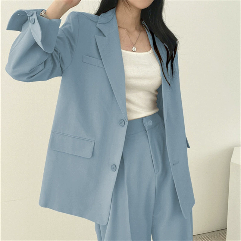 Conjunto de traje pequeño para mujer, primavera y otoño 2026, nuevo estilo coreano, diseño de moda urbana, pantalones casuales color camel para mujer. traje azul claro imagen 1