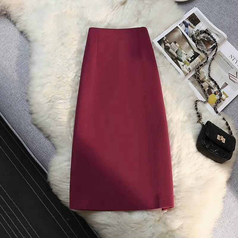 Falda de traje para mujer, falda recta de largo medio, drapeada, verano 2026, estilo ropa de trabajo para chicas pequeñas, falda con abertura en la cadera. Vino tinto imagen 1