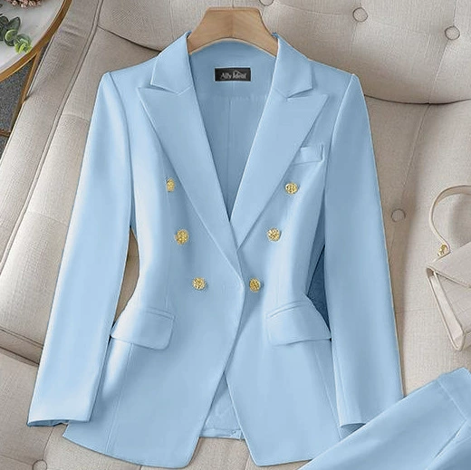 Conjunto profesional de blazer y pantalón para mujer - Traje de dos piezas premium, nueva colección Otoño 2026, chaqueta blazer slim fit para uso business casual. traje azul claro imagen 1