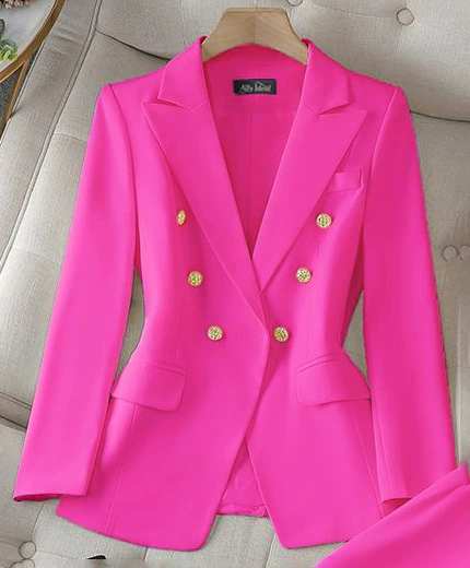 Conjunto profesional de blazer y pantalón para mujer - Traje de dos piezas premium, nueva colección Otoño 2026, chaqueta blazer slim fit para uso business casual. Traje rojo rosado imagen 1