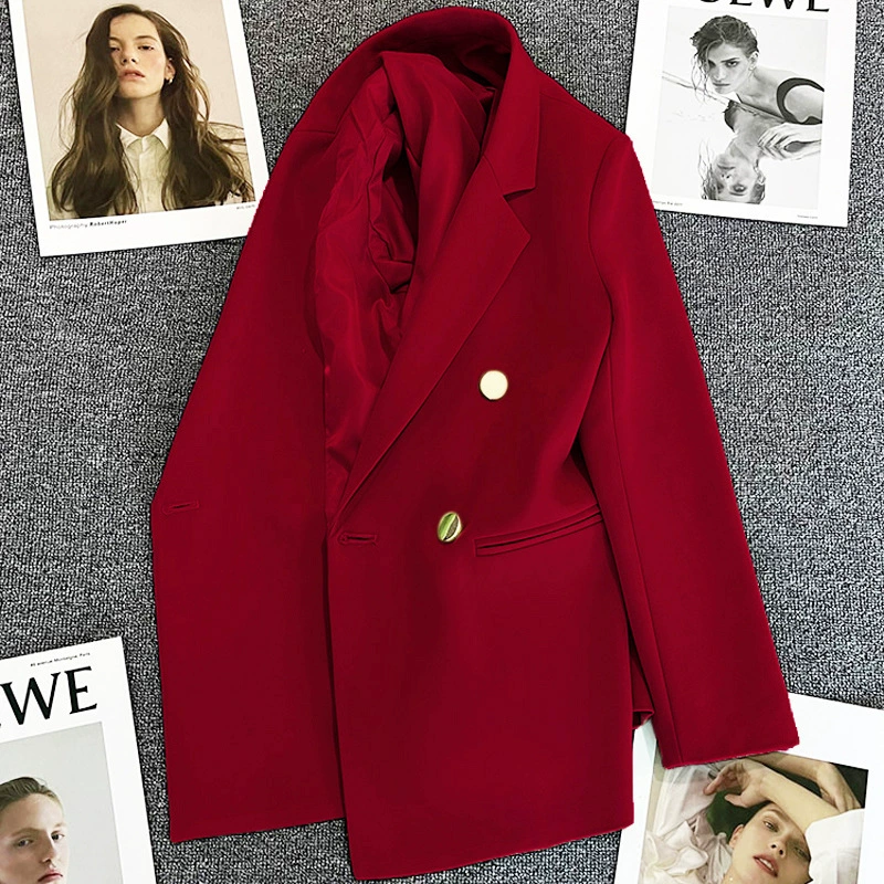 Blazer informal para mujer en rojo anaranjado, estilo coreano moderno para primavera y otoño 2026, traje de oficina elegante estilo coreano para ir al trabajo. vino rojo imagen 1