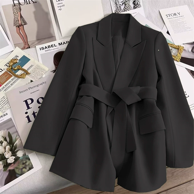 Chaqueta de traje en verde esmeralda con corbata, diseño nuevo de primavera 2026 para mujer, elegante y con estilo, estilo coreano, informal y adecuada para ir al trabajo. Negro imagen 1