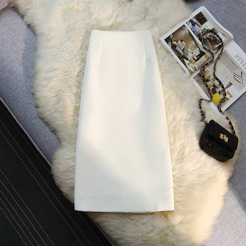 Falda de traje para mujer, falda recta de largo medio, drapeada, verano 2026, estilo ropa de trabajo para chicas pequeñas, falda con abertura en la cadera. Blanco roto imagen 1