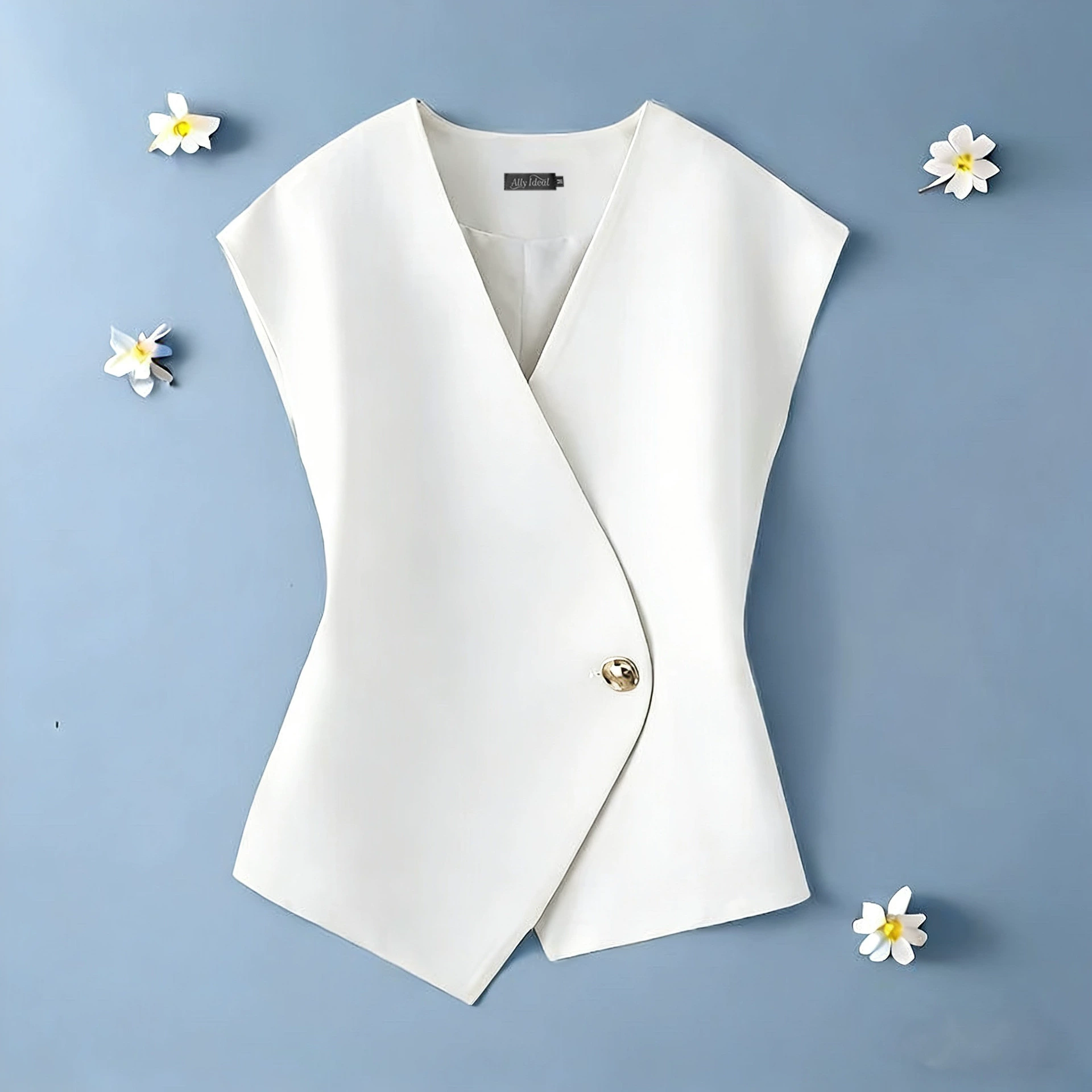 Chaleco de mujer - Nueva colección Verano 2026: Chaleco asimétrico elegante, versátil, estilizador y chic con detalle de botones metálicos. Blanco imagen 1