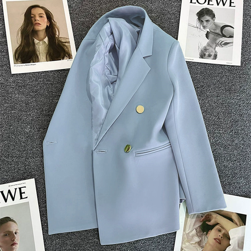 Blazer informal para mujer en rojo anaranjado, estilo coreano moderno para primavera y otoño 2026, traje de oficina elegante estilo coreano para ir al trabajo. azul claro imagen 1