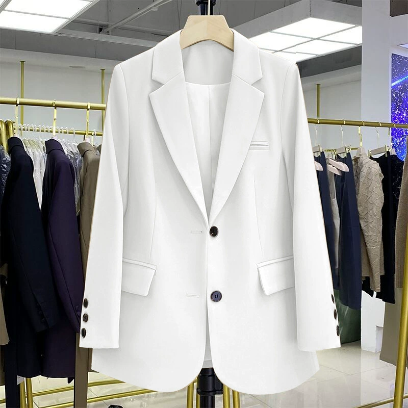 Blazer negro para mujer, diseño casual holgado de estilo coreano para otoño 2026, blazer elegante y con estilo para ir al trabajo. Blanco imagen 1