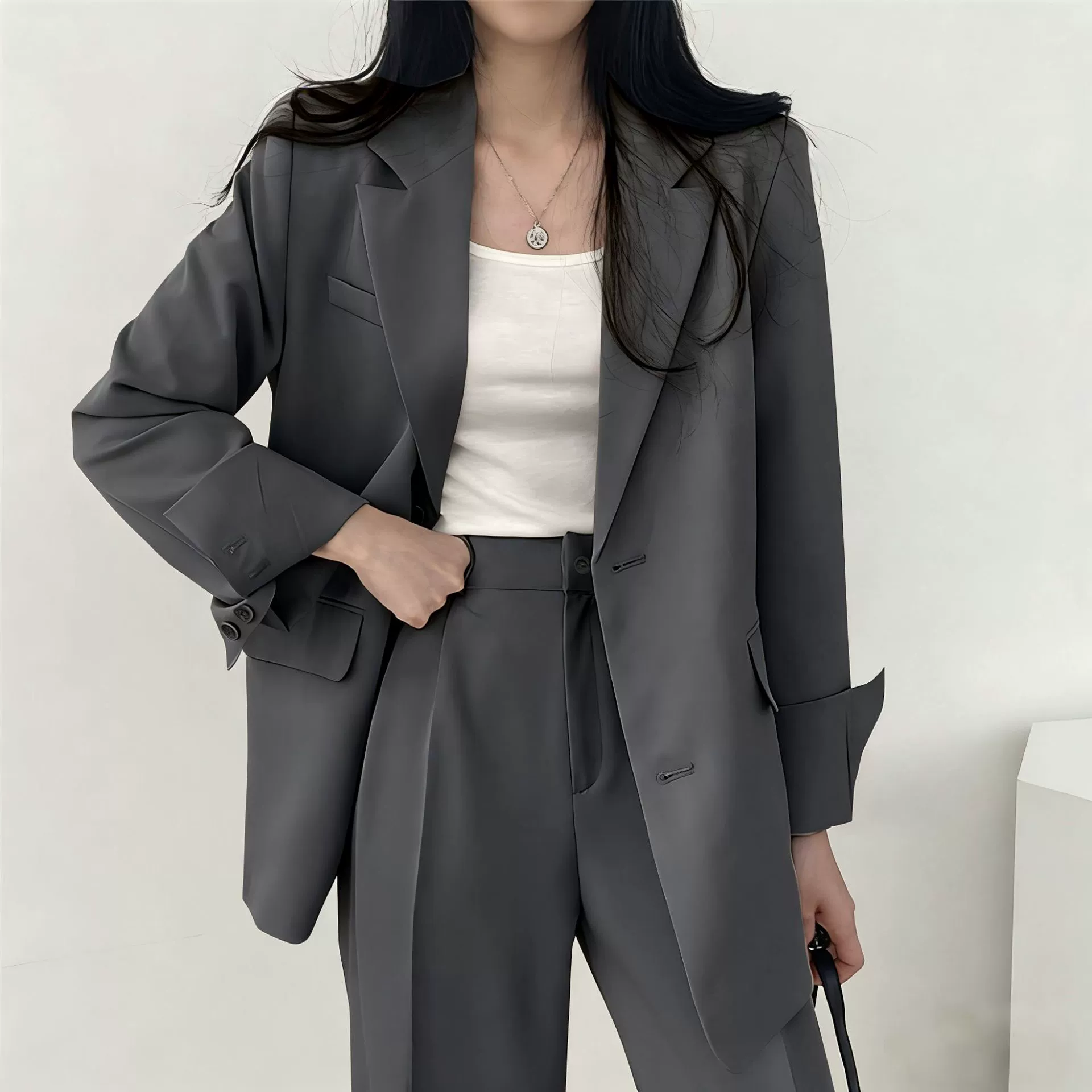 Pantalones negros para mujer, estilo coreano, moda urbana, conjunto de blazer rosa informal único para ir al trabajo, primavera y otoño 2026 Gris oscuro (traje) imagen 1