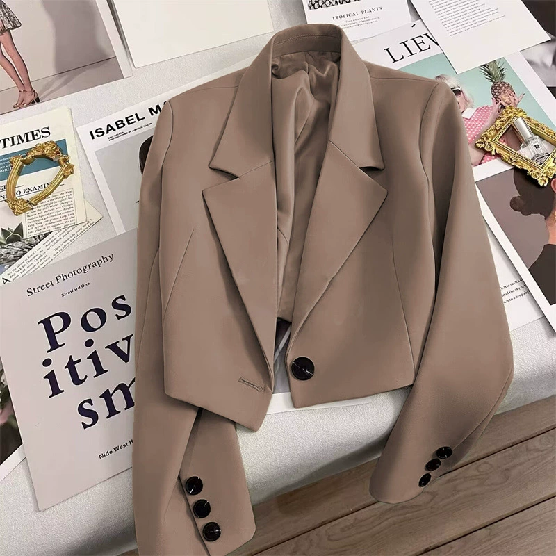 Chaqueta blanca corta para mujer 2026, blazer elegante para mujeres pequeñas, atuendo de primavera y otoño, chaqueta estilo diosa de oficina, traje de mujer. Caqui imagen 1