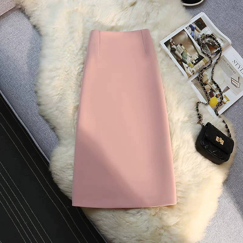 Falda de traje para mujer, falda recta de largo medio, drapeada, verano 2026, estilo ropa de trabajo para chicas pequeñas, falda con abertura en la cadera. rosa imagen 1