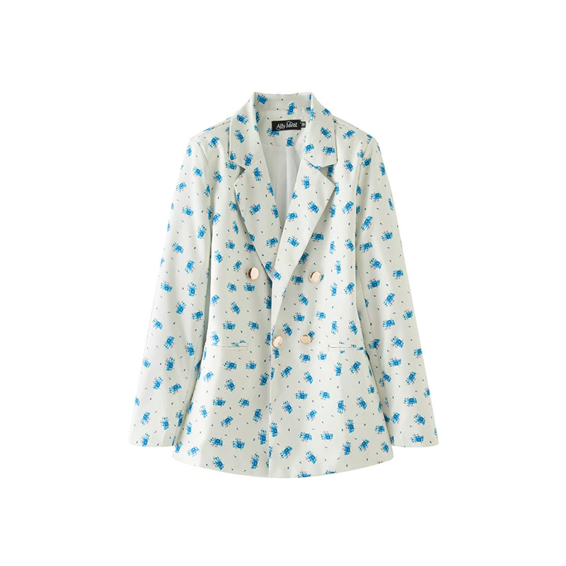 Blazer informal para mujer en rojo anaranjado, estilo coreano moderno para primavera y otoño 2026, traje de oficina elegante estilo coreano para ir al trabajo. Flores azul pálido imagen 1