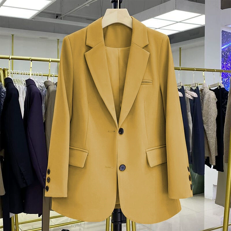 Blazer negro para mujer, diseño casual holgado de estilo coreano para otoño 2026, blazer elegante y con estilo para ir al trabajo. Amarillo limón imagen 1