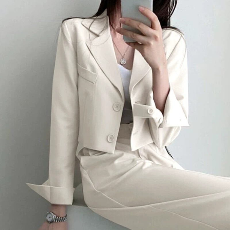 Blazer Caqui Primavera 2026 para Mujer, Diseño Elegante para Figuras Pequeñas, Conjunto de Traje Elegante para el Trabajo Traje sencillo blanco roto imagen 1