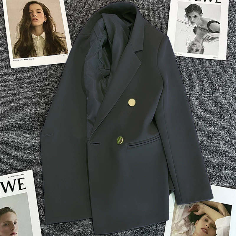 Blazer para Mujer, Primavera-Otoño 2026, Nuevo Estilo Coreano, Holgado, Estilo Británico, Cruzado, Color Blanco Hueso gris oscuro imagen 1