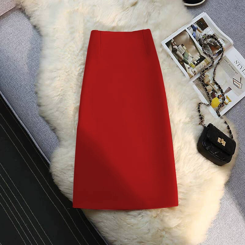 Falda de traje para mujer, falda recta de largo medio, drapeada, verano 2026, estilo ropa de trabajo para chicas pequeñas, falda con abertura en la cadera. rojo imagen 1