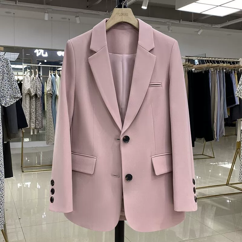 Blazer negro para mujer, diseño casual holgado de estilo coreano para otoño 2026, blazer elegante y con estilo para ir al trabajo. Rosa imagen 1