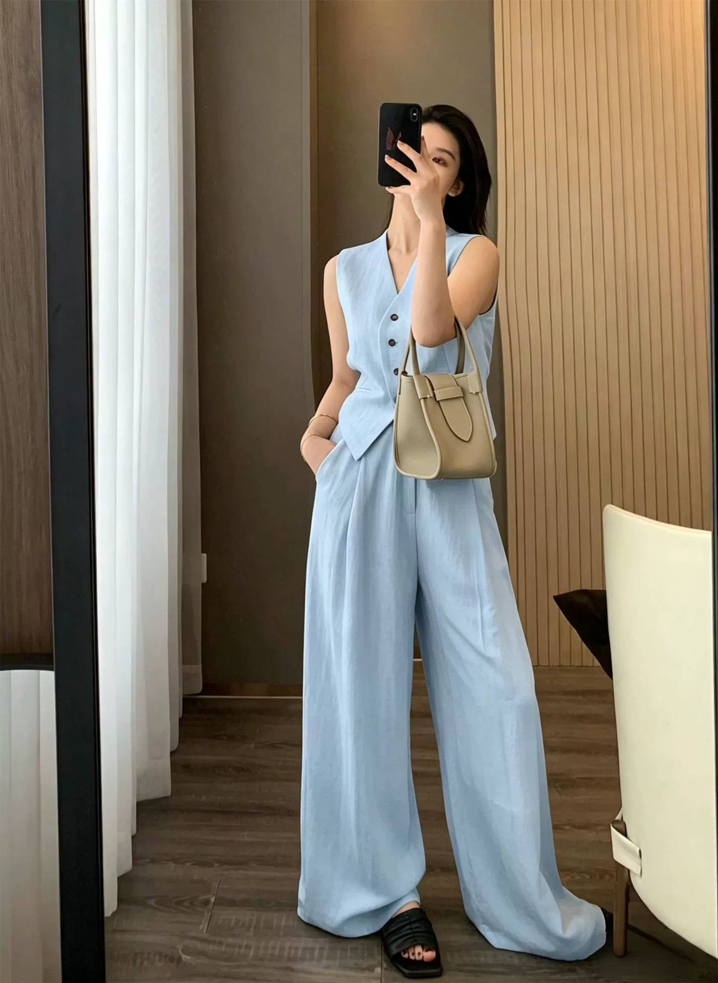 Traje de lino Tencel sin mangas, elegante, estilo "old money" de verano 2026, chaleco de moda, pantalones holgados, conjunto de dos piezas para mujer. traje chaleco azul agua imagen 1