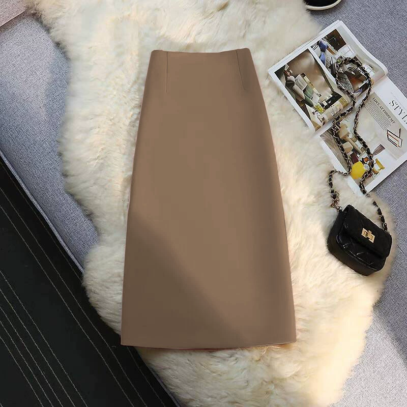 Falda de traje para mujer, falda recta de largo medio, drapeada, verano 2026, estilo ropa de trabajo para chicas pequeñas, falda con abertura en la cadera. caqui imagen 1