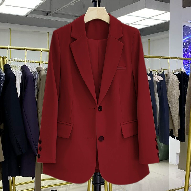 Blazer negro para mujer, diseño casual holgado de estilo coreano para otoño 2026, blazer elegante y con estilo para ir al trabajo. Vino tinto imagen 1