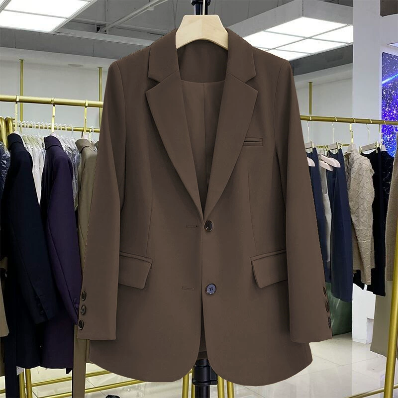 Blazer negro para mujer, diseño casual holgado de estilo coreano para otoño 2026, blazer elegante y con estilo para ir al trabajo. Marrón imagen 1