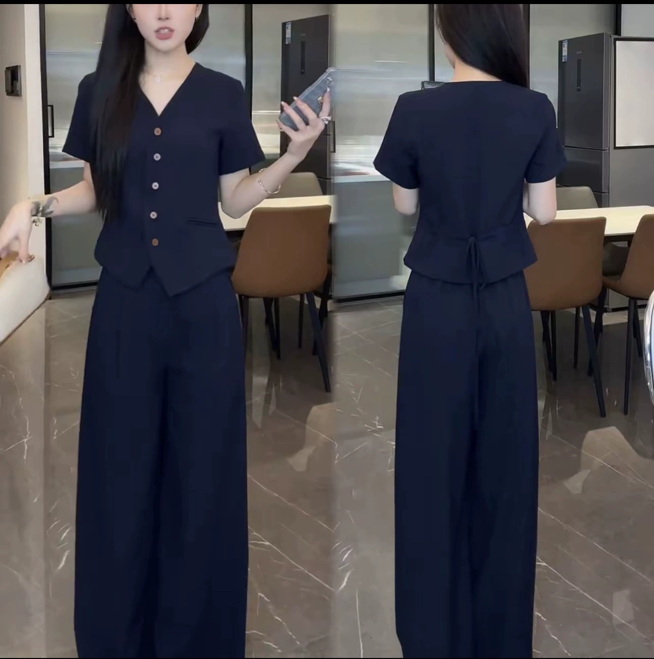 Traje de lino Tencel sin mangas, elegante, estilo "old money" de verano 2026, chaleco de moda, pantalones holgados, conjunto de dos piezas para mujer. Traje azul marino de manga corta imagen 1