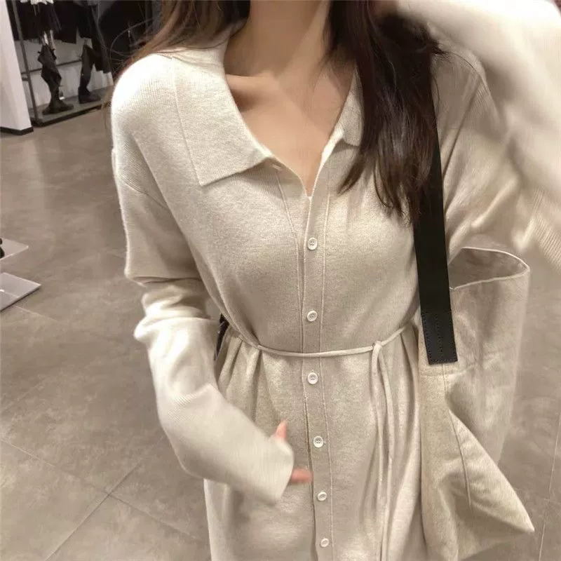 Vestido de manga larga para principios de otoño: corte holgado, favorecedor, con capa interior de punto, estilo chic francés, elegante y con estilo, vestido largo maxi. color avena imagen 1