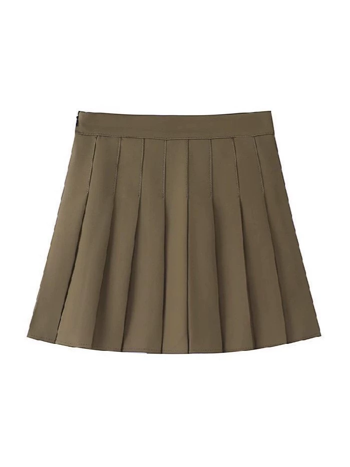 Falda blanca de verano con efecto adelgazante, que cubre la cadera, corte en A, de talle alto, con pliegues para estilizar la figura. Falda corta de estilo universitario, ideal para chicas modernas. Color café imagen 1