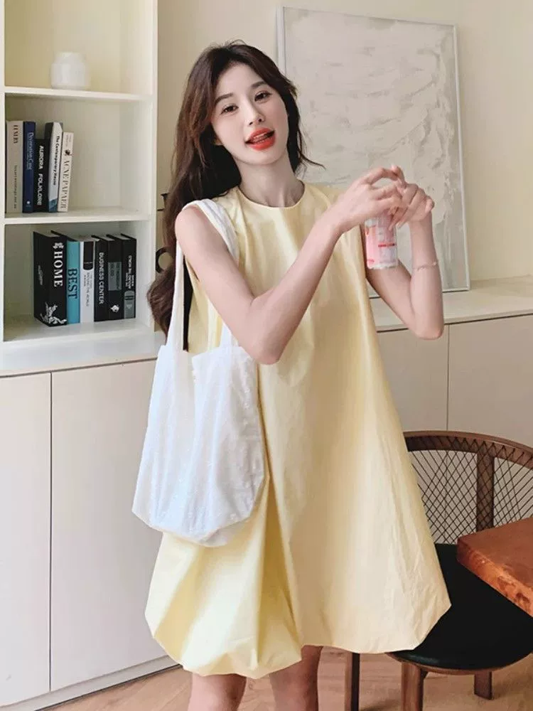 Vestido Tulipán Amarillo Dopamina con Cuello Redondo - Nueva Colección de Verano para Mujer: Corte Holgado, Diseño Único, Vestido sin Mangas Dulce y Juvenil. Amarillo (tejido original + forro) imagen 1