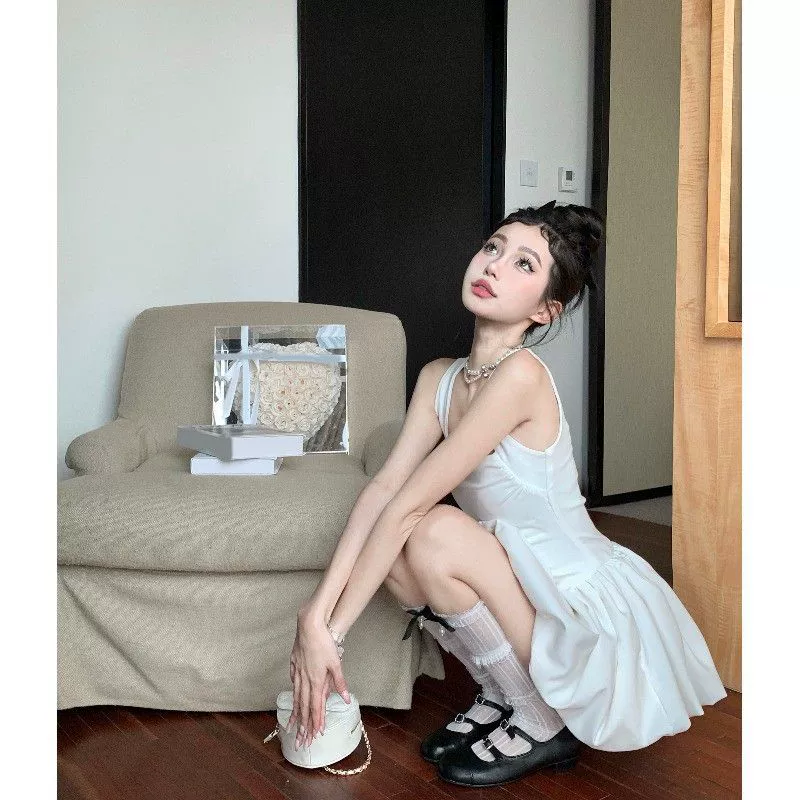 Vestido con tirantes para chica, dulce y picante, hada femenina, falda hinchada elegante francesa, falda blanca sin mangas a la cintura, a la moda Blanco imagen 1