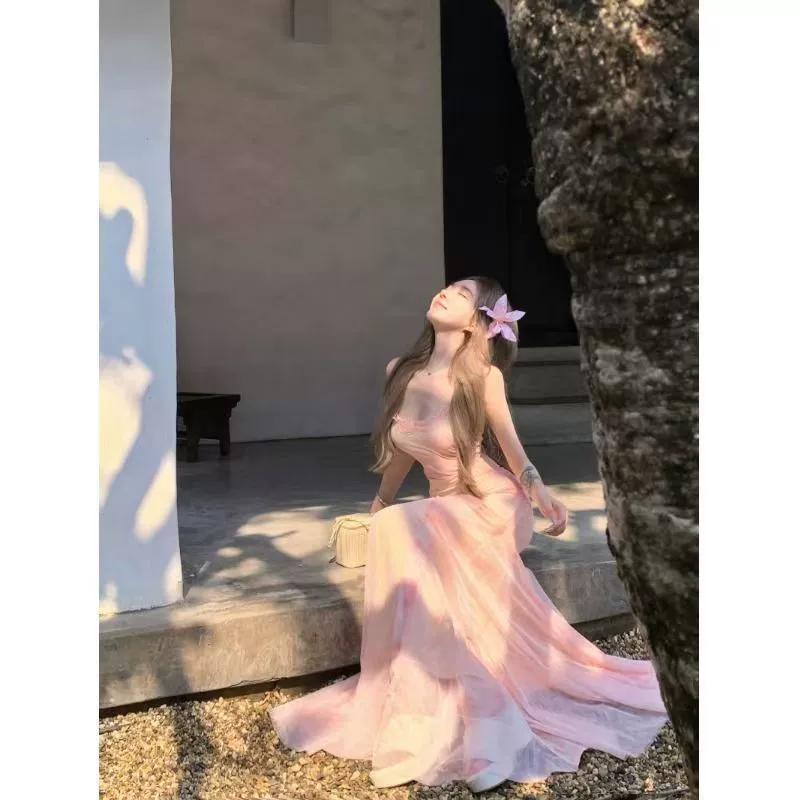 Vestido de encaje con liguero estilo Pure Desire para mujer, moda primavera-verano. Elegante vestido de sirena floral rosa. Correa de hombro ajustable en color de imagen. imagen 1
