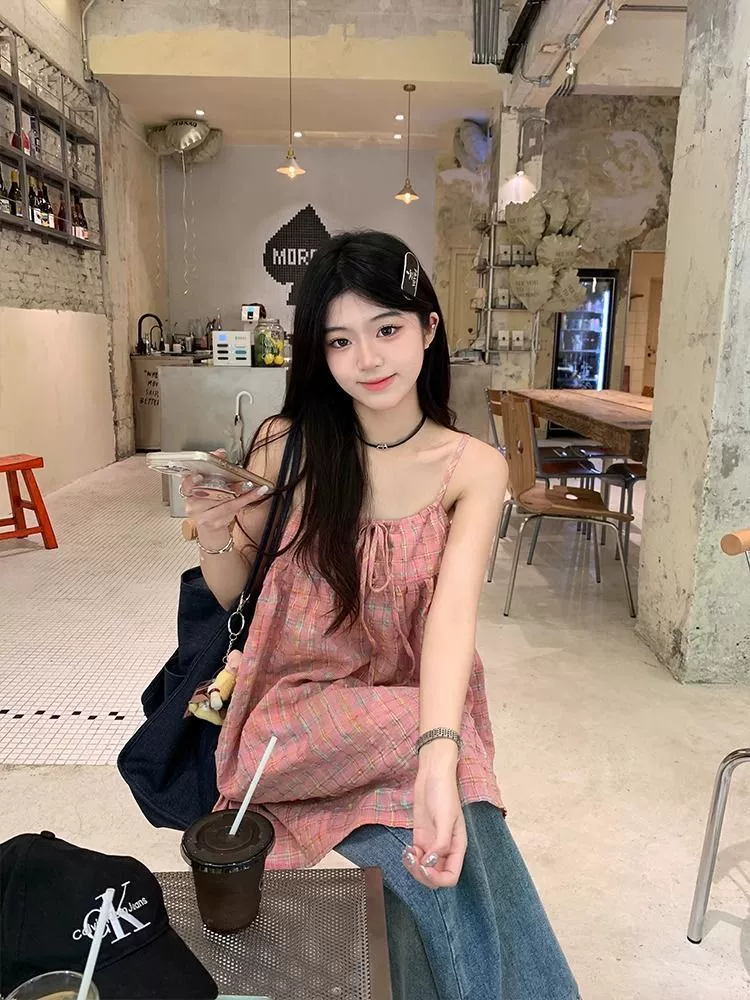 Top camisola de cuadros con bloques de color y lazo - Nueva colección de verano 2026 para mujer, estilo coreano, holgado, casual, rejuvenecedor, versátil y a la moda Color de la imagen imagen 1