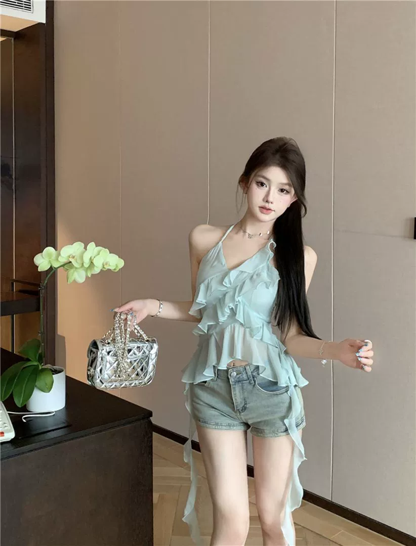 Camisa de gasa con tirantes y cuello halter estilo vacaciones para mujer, festival de música asimétrico, hermoso deseo puro, blusas con hombros descubiertos para chica socialité Color de la imagen imagen 1