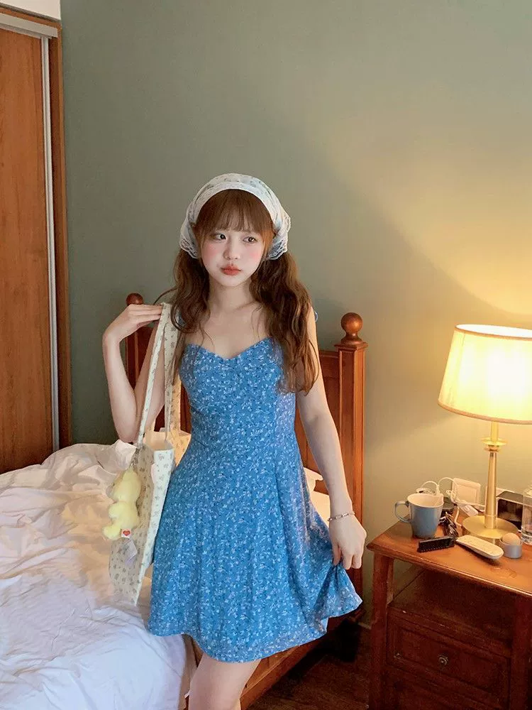 FrenchRetroGirl-vestido con tirantes florales y lazo azul para mujer, falda de corte en A con estilo de vacaciones Color de la imagen imagen 1