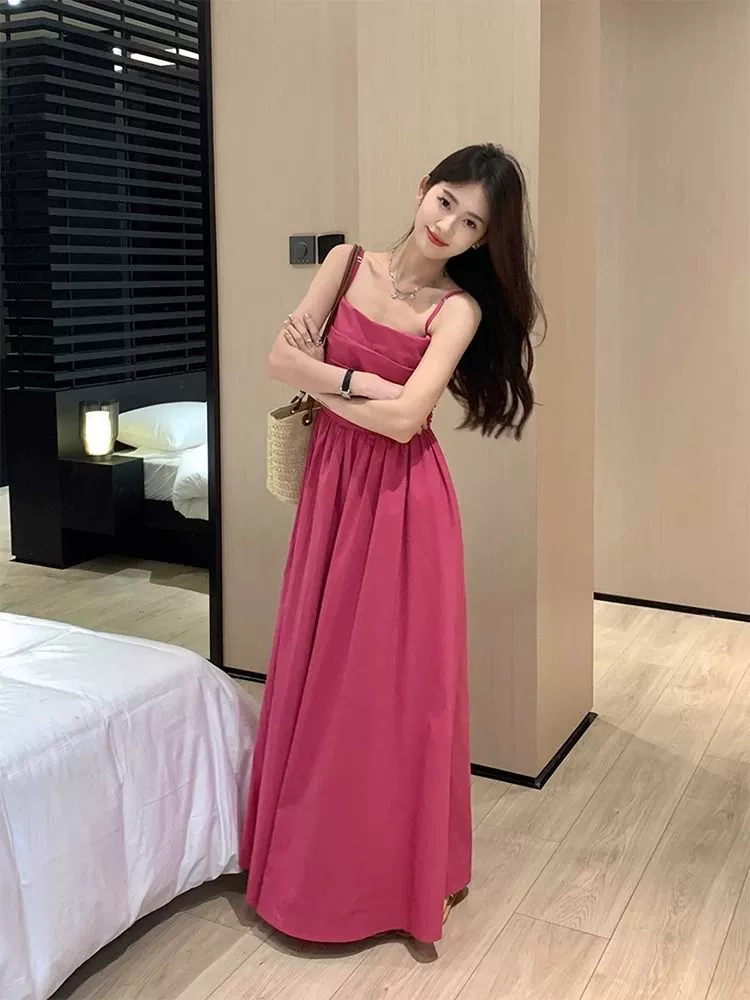 VeranoNueva llegada pura lujuria chica caliente vestido con tirantesPetitesLook adelgazanteSexy suave pausa para el té platycodon falda larga rosa roja imagen 1