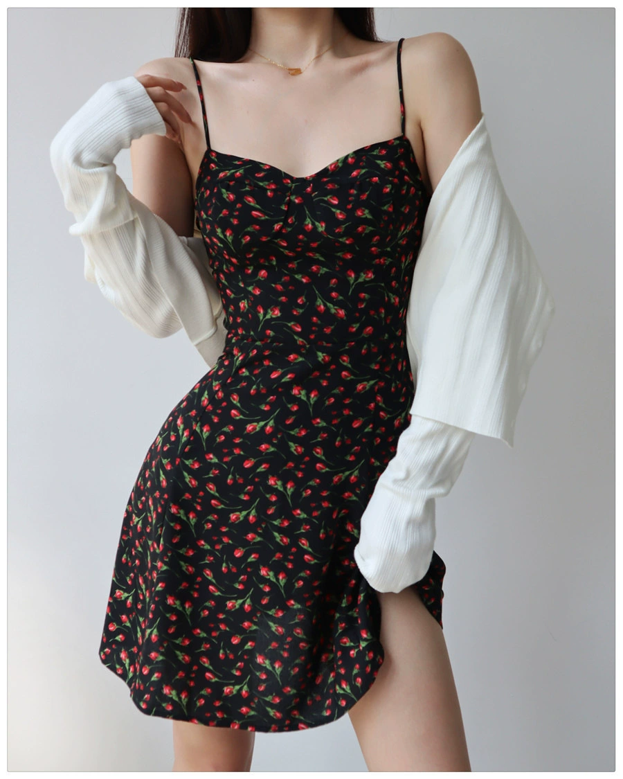 Vestido corto floral Zouju, corte a la cadera, para mujer. Ideal para el verano, sexy, con tirantes finos y escote pronunciado. Falda acampanada, perfecta como falda corta o para la playa. color imagen 1
