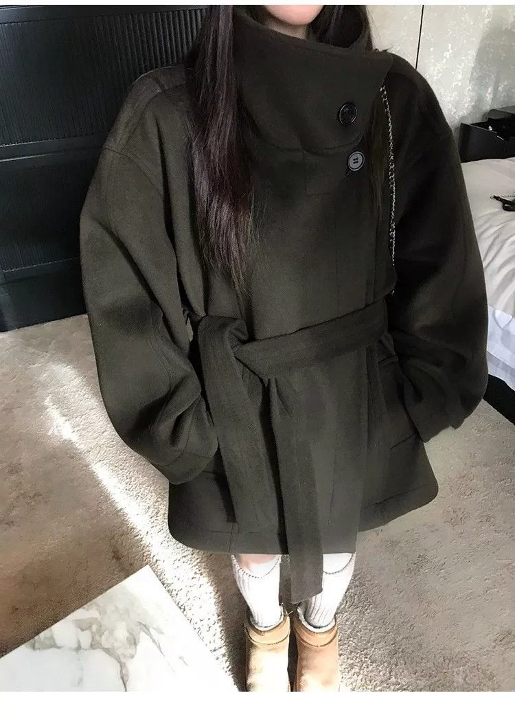Abrigo de lana gris con cuello alto para mujer, nuevo 2025, estilo Hepburn petite, elegante, moda coreana, ropa de abrigo de lana. verde oscuro imagen 1