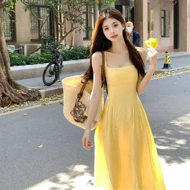 Vestido camisola amarillo petite francés - Nueva llegada de verano para mujer, favorecedor, elegante vestido maxi para vacaciones en la playa amarillo imagen 1