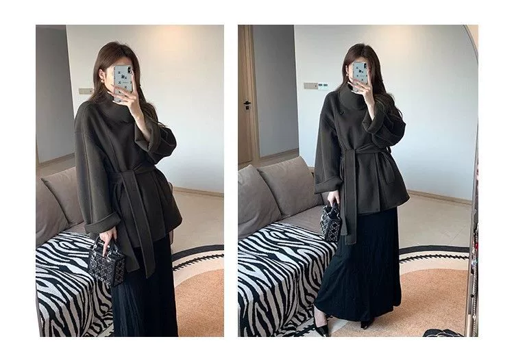 Abrigo de lana gris con cuello alto para mujer, nuevo 2025, estilo Hepburn petite, elegante, moda coreana, ropa de abrigo de lana. negro imagen 1