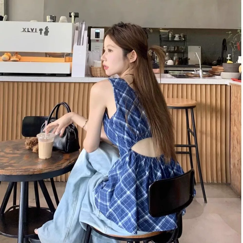 Camisola retro azul a cuadros sin cintura para mujer, estilo dulce y picante de verano, ropa de abrigo elegante y bonita, Tops sin mangas Color de la imagen imagen 1