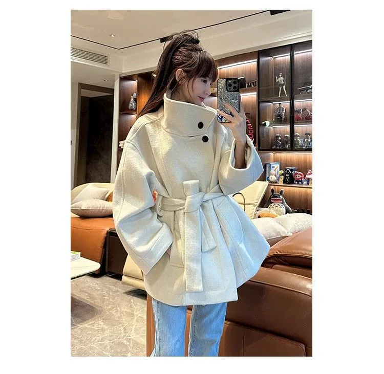 Abrigo de lana gris con cuello alto para mujer, nuevo 2025, estilo Hepburn petite, elegante, moda coreana, ropa de abrigo de lana. albaricoque imagen 1