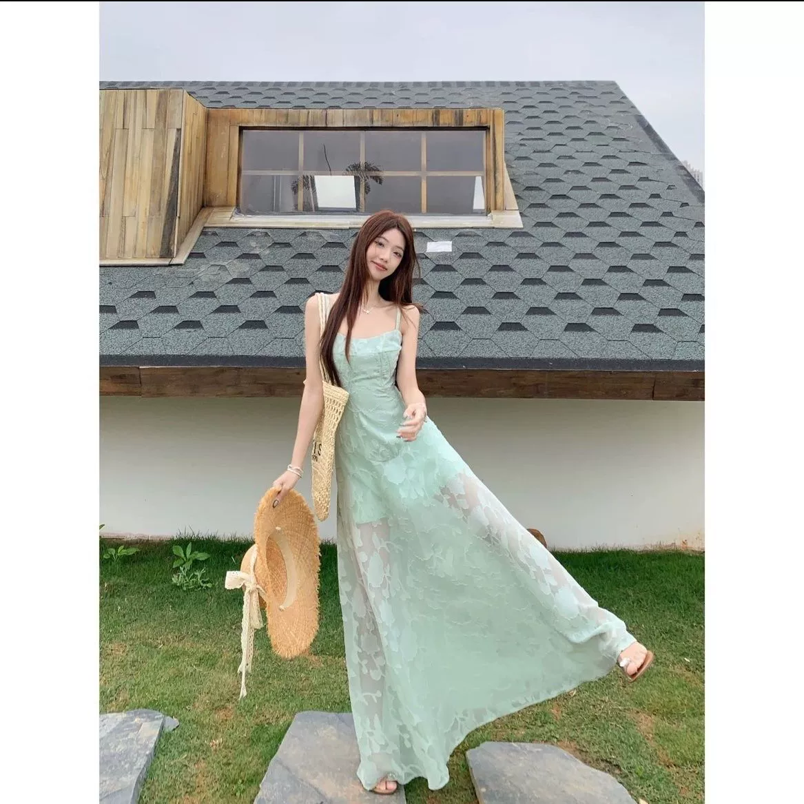 Vestido camisero de encaje verde menta - Vestido maxi de verano casual chic para mujer, corte en A, ideal para vacaciones en la playa verde imagen 1